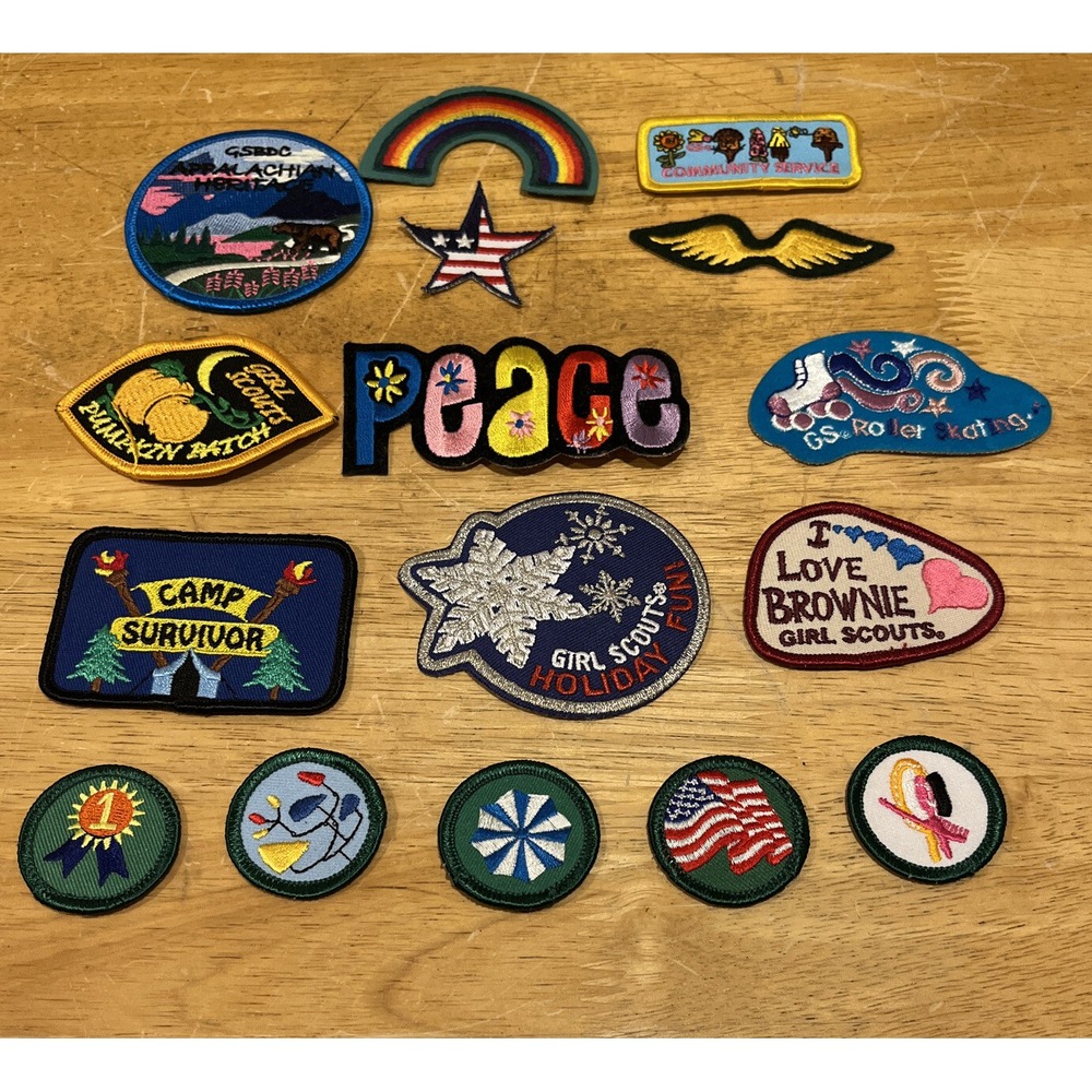 Vtg Girl Scout‎ Patches Lot 16 Rainbow Wings Skates Peace Pumpkin Survivor Badge